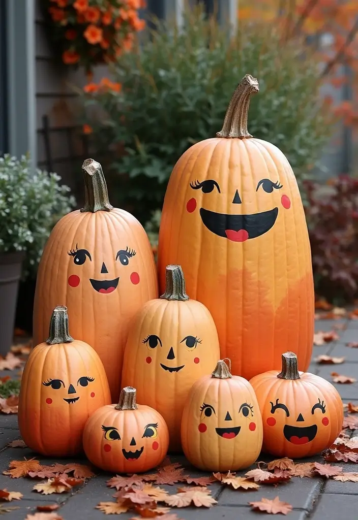 25+ Tall Pumpkin Painting Ideas for Unique Fall Decor - 25. Themed Pumpkin Family