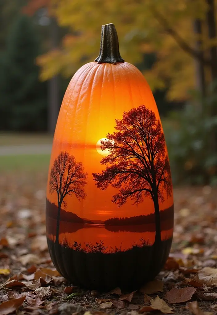 25+ Tall Pumpkin Painting Ideas for Unique Fall Decor - 3. Autumn Landscape