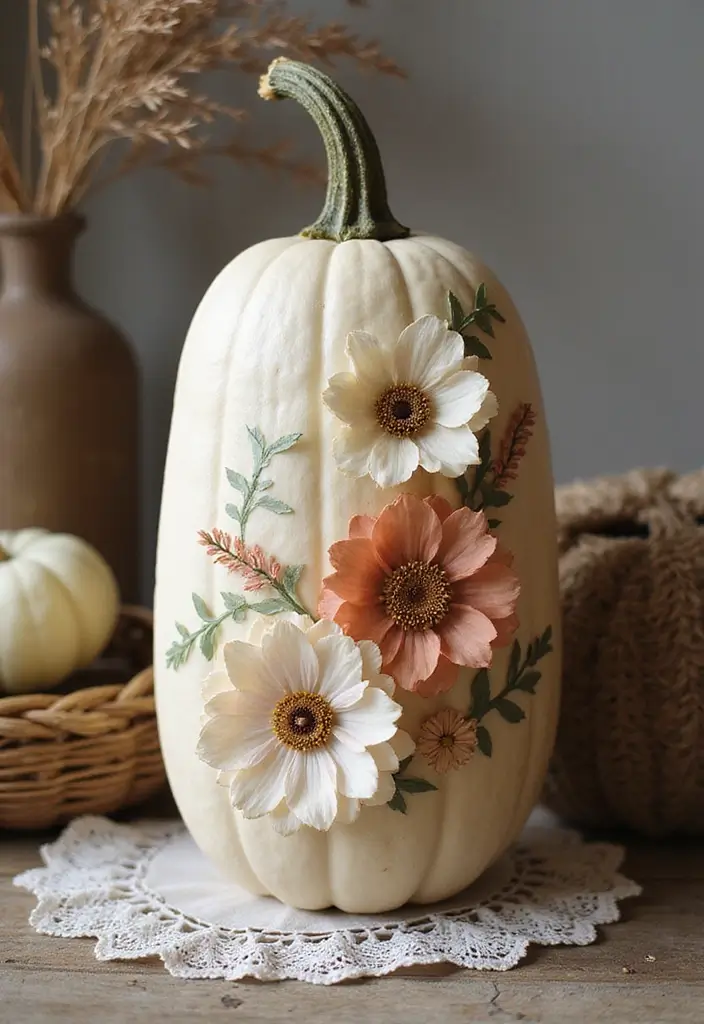 25+ Tall Pumpkin Painting Ideas for Unique Fall Decor - 4. Vintage-Inspired Floral