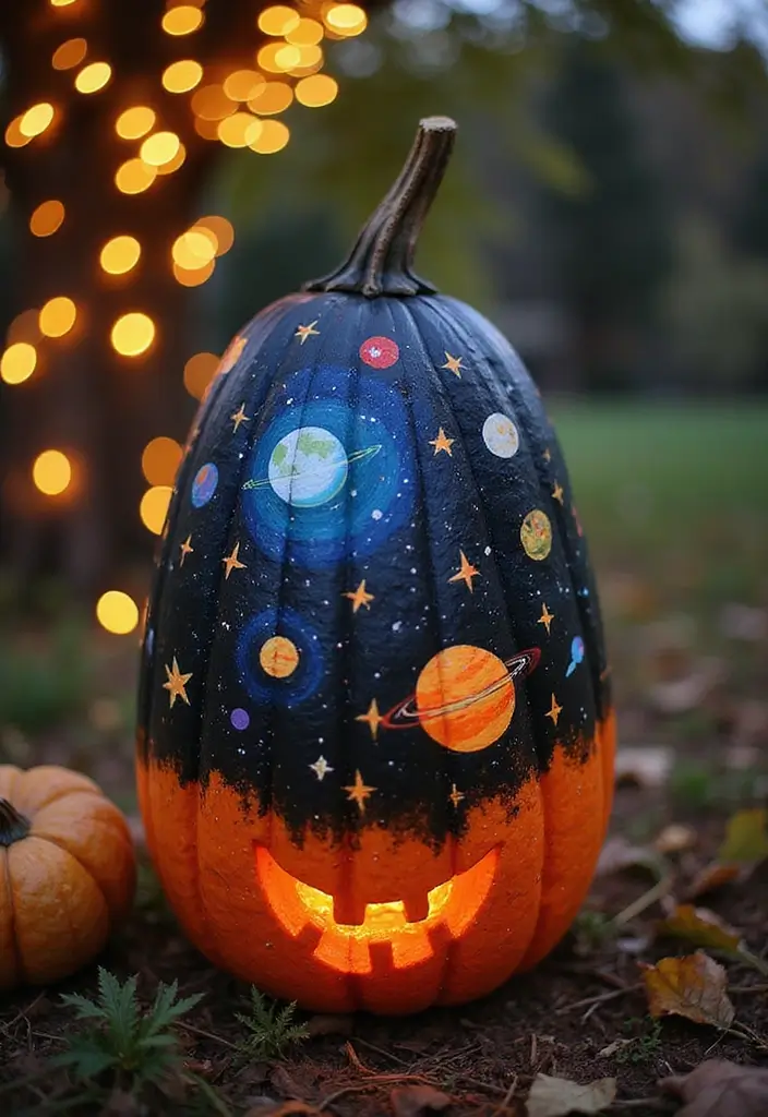 25+ Tall Pumpkin Painting Ideas for Unique Fall Decor - 5. Space-Themed Pumpkin
