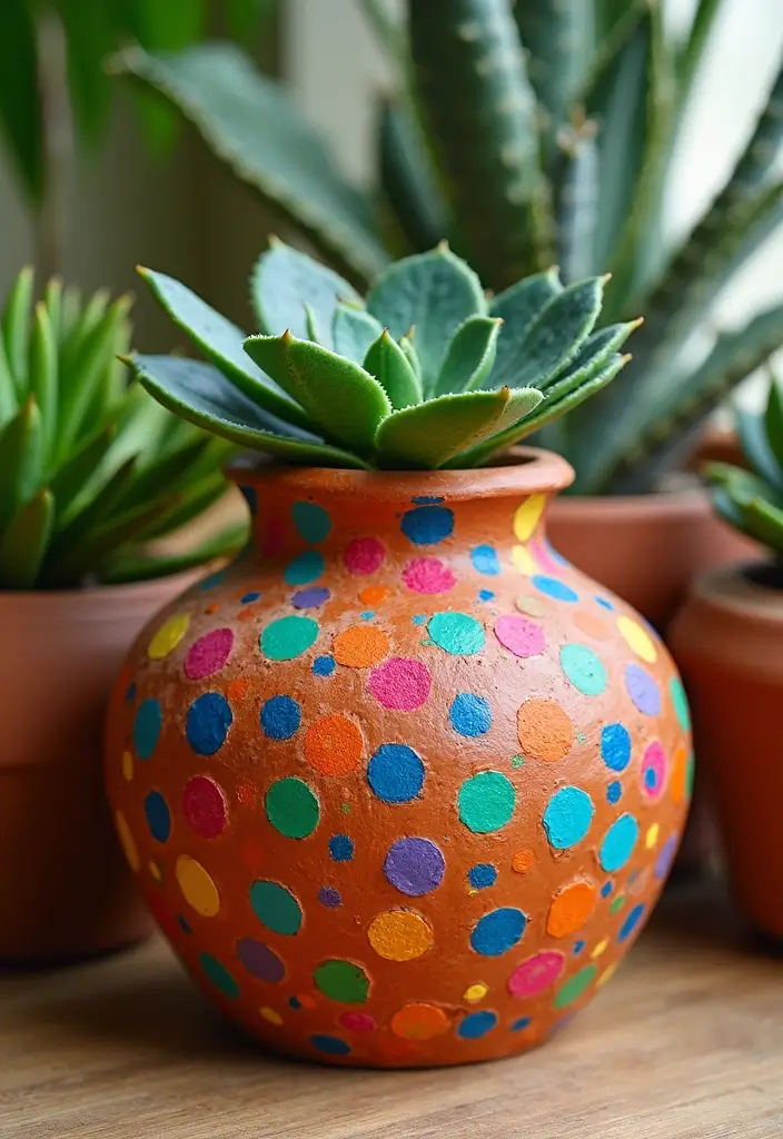 25+ Terracotta Pot Painting Ideas with Natural Style - 10. Colorful Dot Art