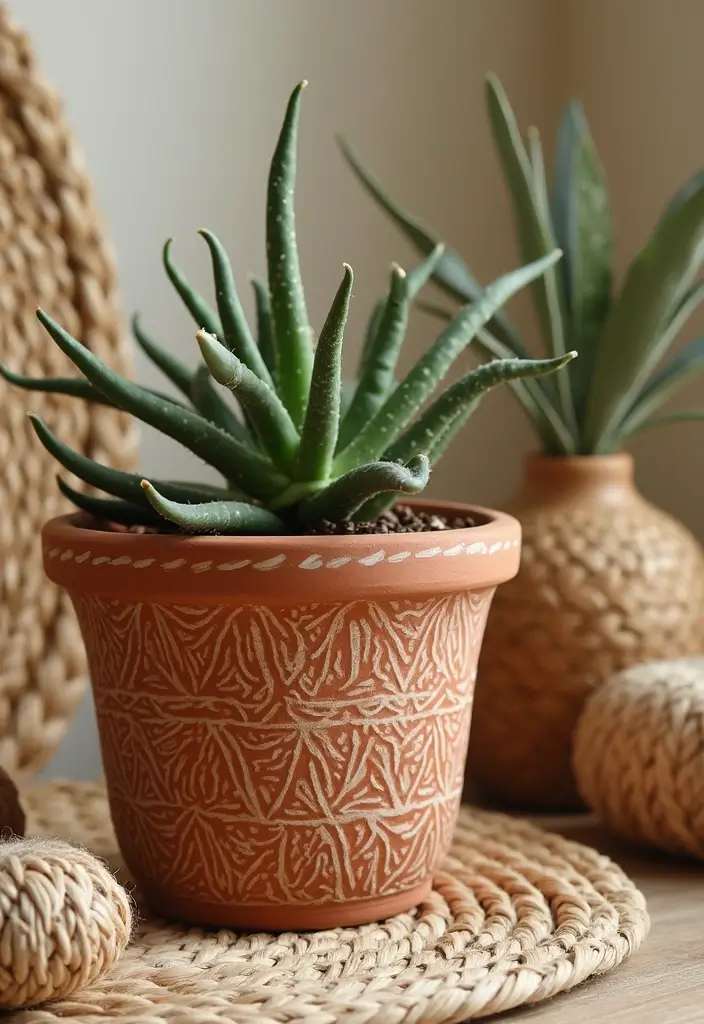 25+ Terracotta Pot Painting Ideas with Natural Style - 11. Textured Baskets