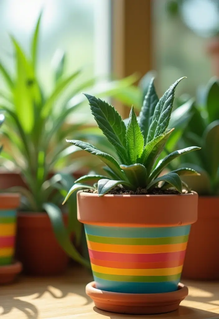 25+ Terracotta Pot Painting Ideas with Natural Style - 13. Whimsical Rainbow Stripes