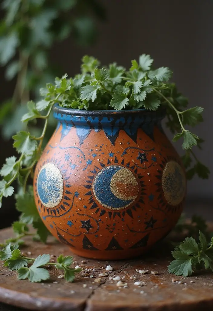 25+ Terracotta Pot Painting Ideas with Natural Style - 16. Celestial Patterns