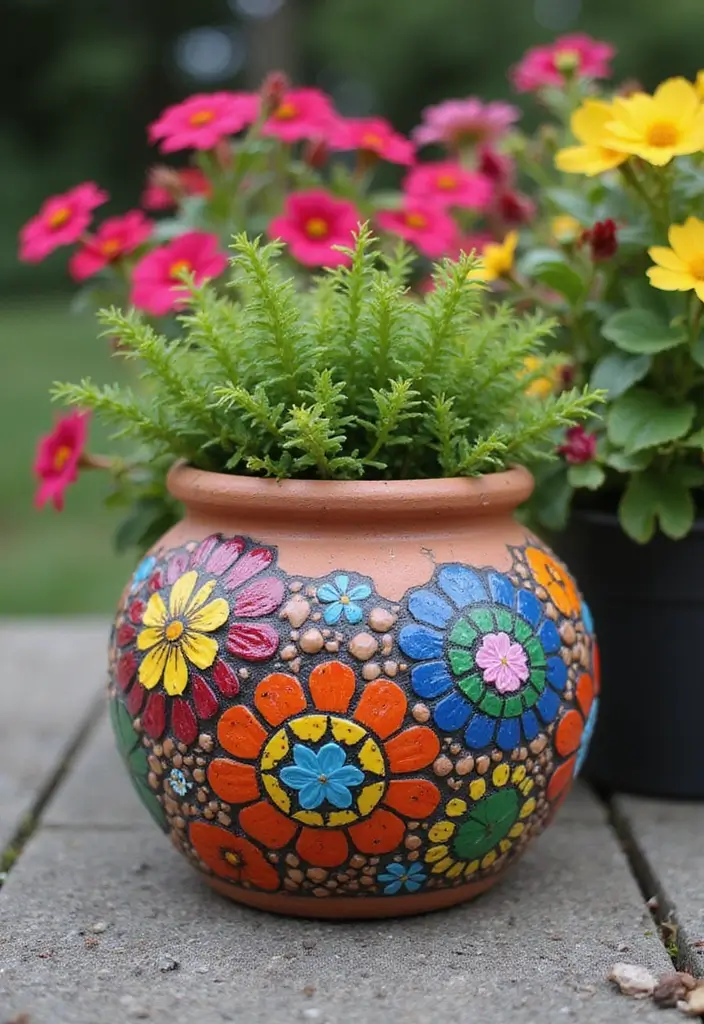 25+ Terracotta Pot Painting Ideas with Natural Style - 17. Mosaic Patchwork