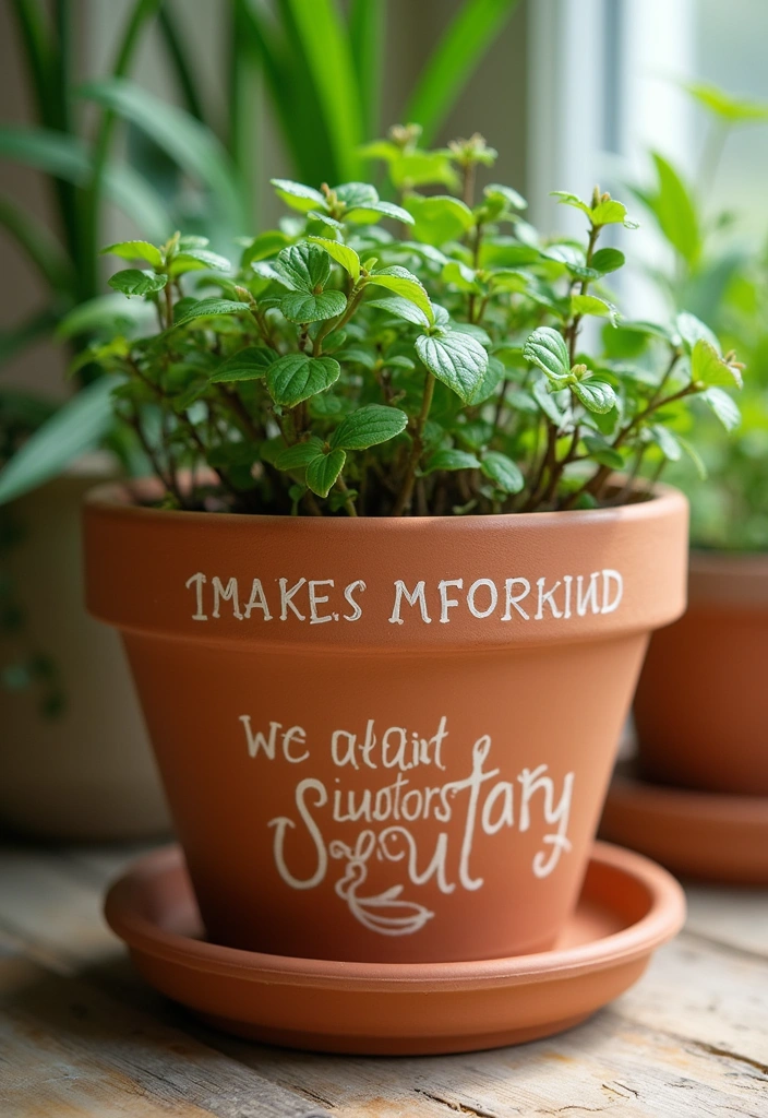 25+ Terracotta Pot Painting Ideas with Natural Style - 18. Painted Quotes