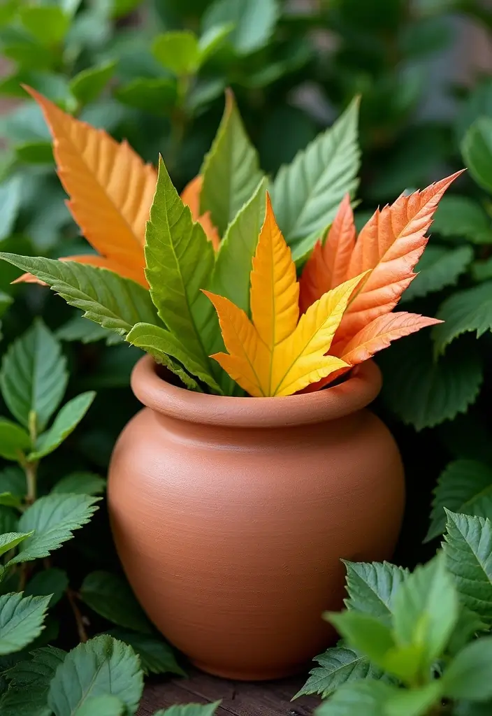 25+ Terracotta Pot Painting Ideas with Natural Style - 2. Leafy Impressions