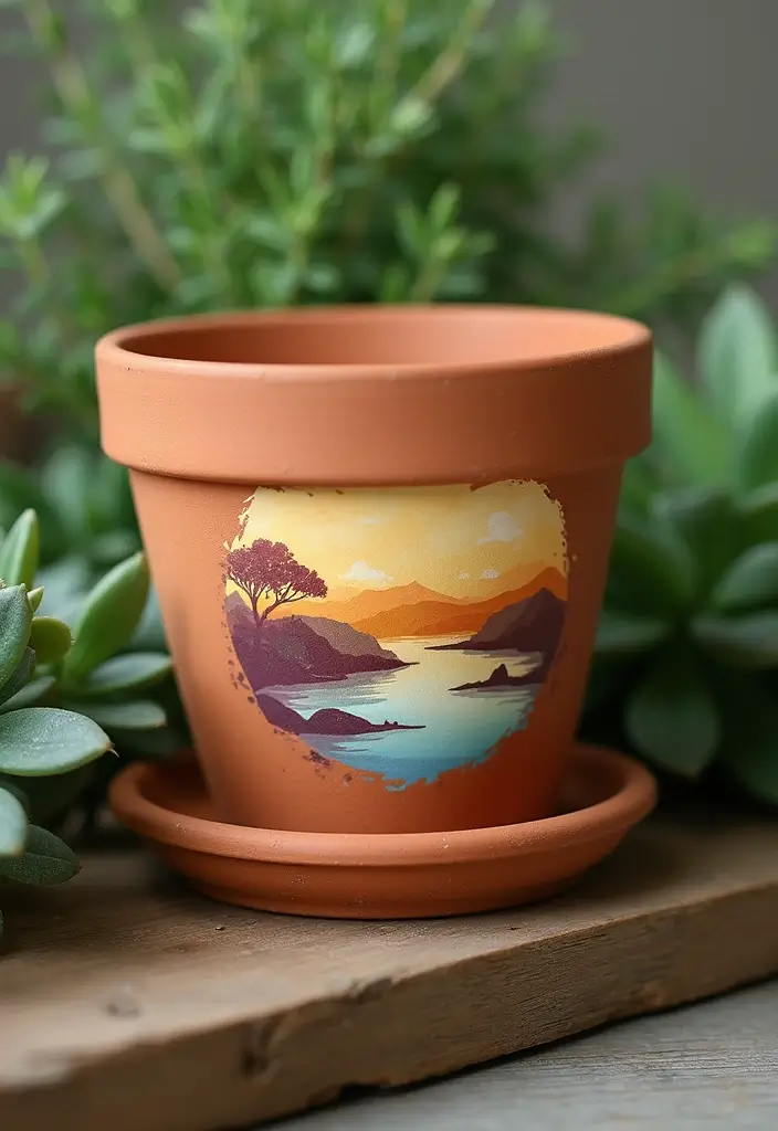 25+ Terracotta Pot Painting Ideas with Natural Style - 8. Stenciled Nature Scenes