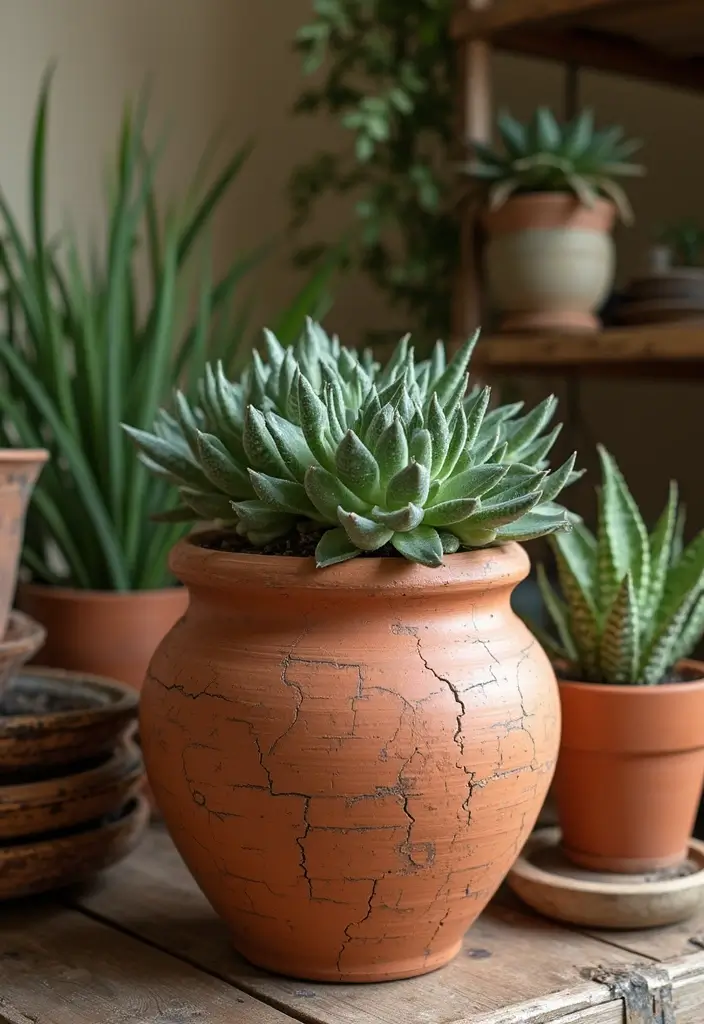 25+ Terracotta Pot Painting Ideas with Natural Style - 9. Vintage Craquelure Finish
