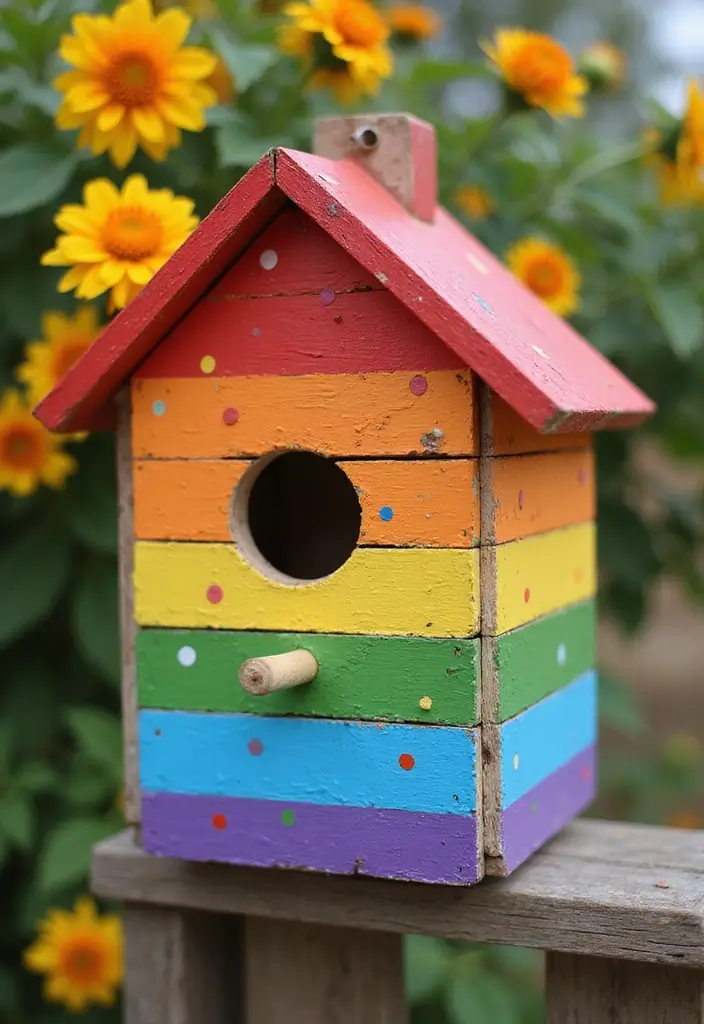 30 Bird House Painting Ideas for a Whimsical Garden - 1. Rainbow Delight