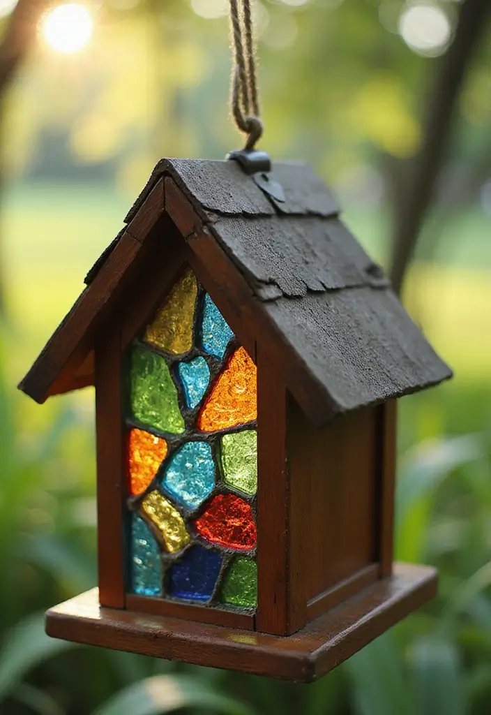 30 Bird House Painting Ideas for a Whimsical Garden - 12. Stained Glass Wonder