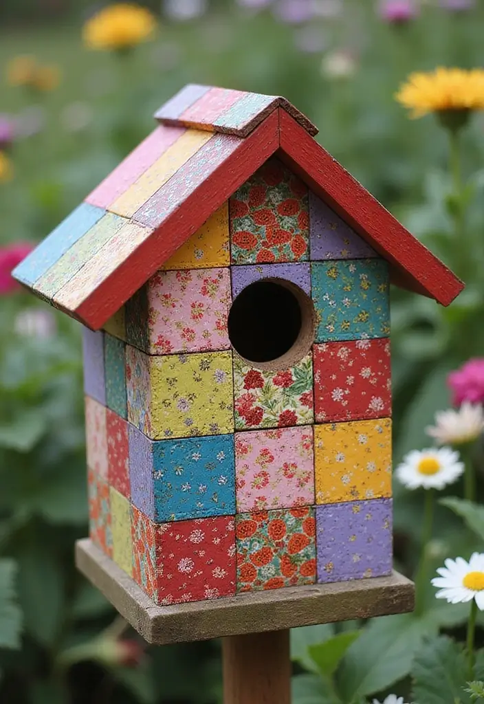 30 Bird House Painting Ideas for a Whimsical Garden - 13. Patchwork Palooza