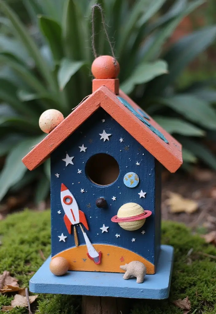 30 Bird House Painting Ideas for a Whimsical Garden - 14. Space Explorer