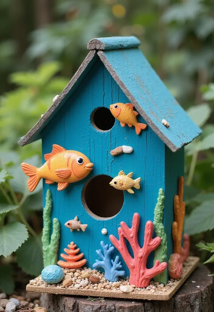 30 Bird House Painting Ideas for a Whimsical Garden - 15. Under the Sea