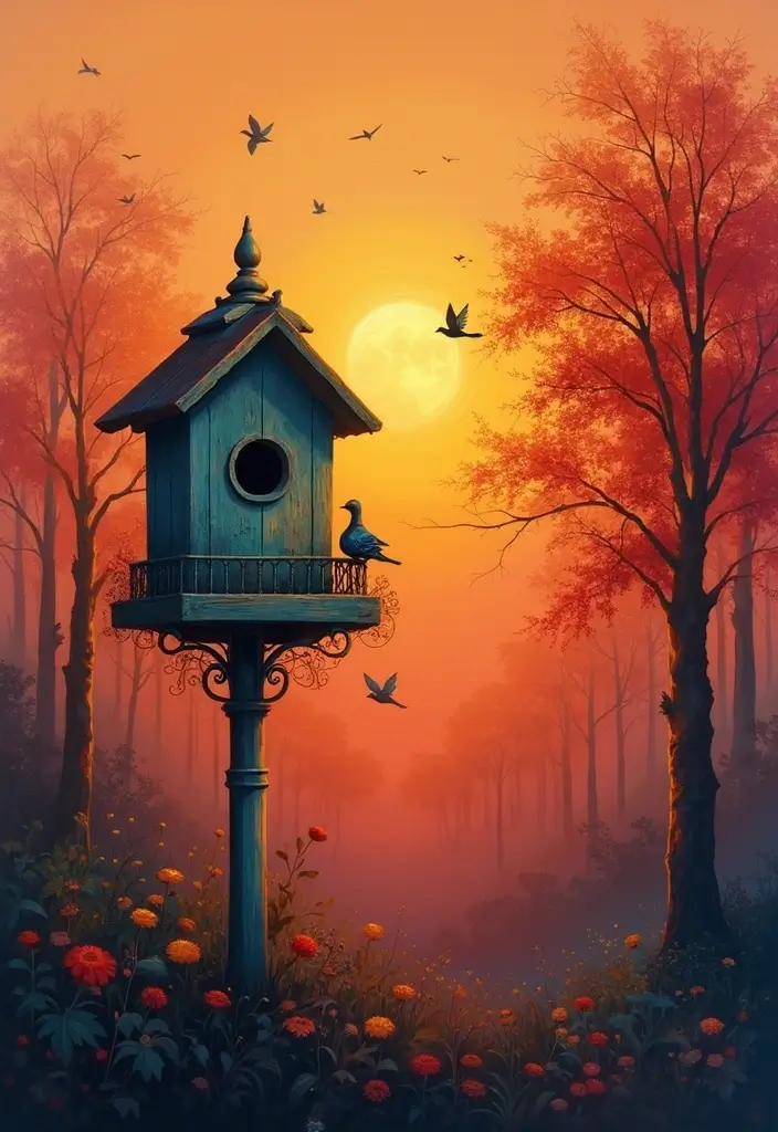 30 Bird House Painting Ideas for a Whimsical Garden - 16. Sunset Silhouette