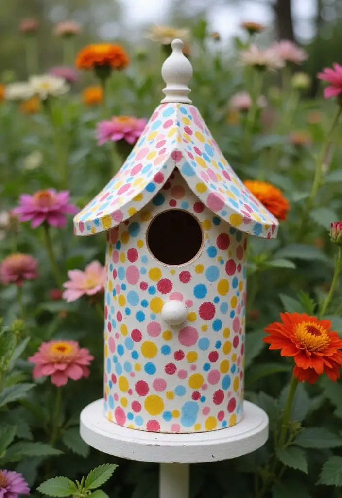30 Bird House Painting Ideas for a Whimsical Garden - 17. Playful Polka Dots