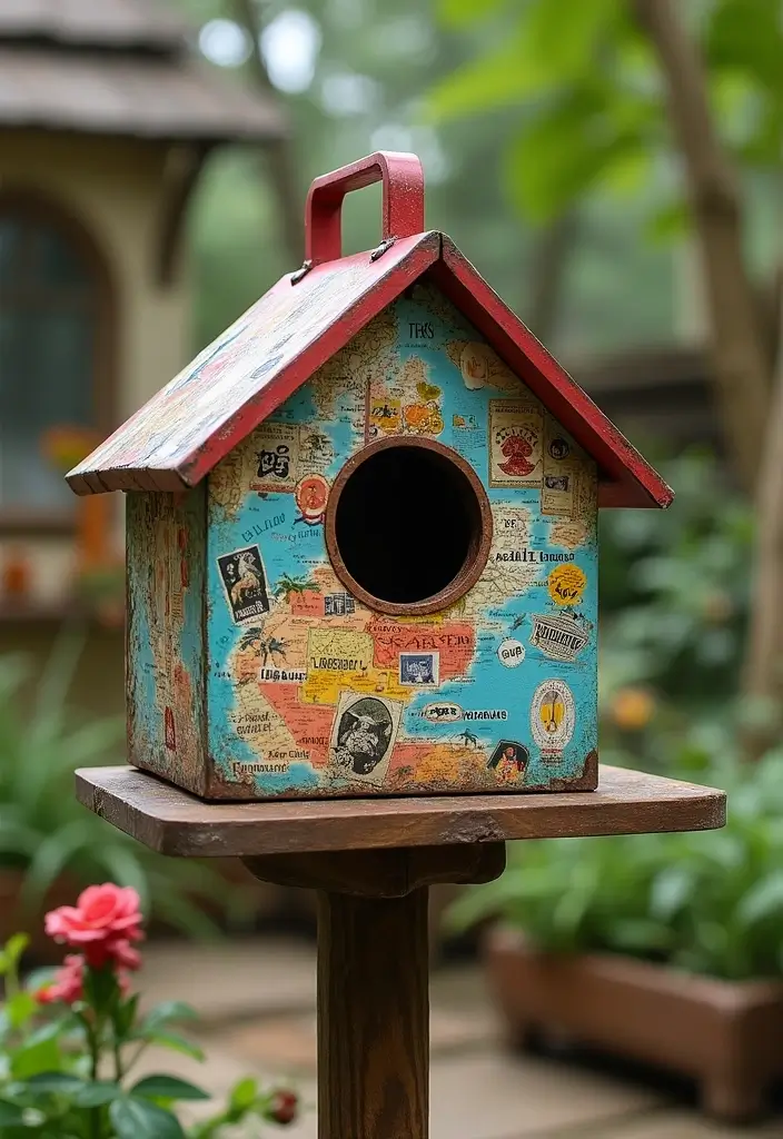 30 Bird House Painting Ideas for a Whimsical Garden - 19. Vintage Travel
