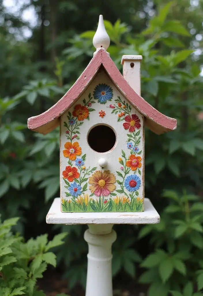 30 Bird House Painting Ideas for a Whimsical Garden - 2. Floral Fantasy