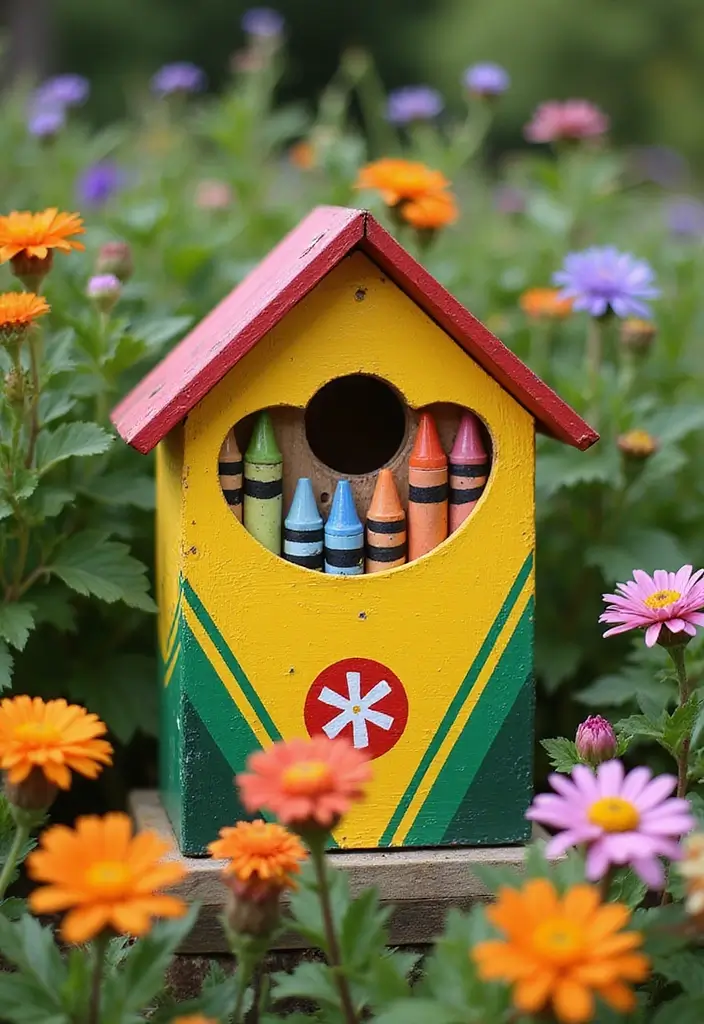 30 Bird House Painting Ideas for a Whimsical Garden - 20. Colorful Crayons