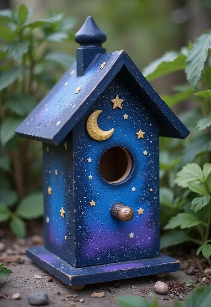 30 Bird House Painting Ideas for a Whimsical Garden - 21. Celestial Dreams