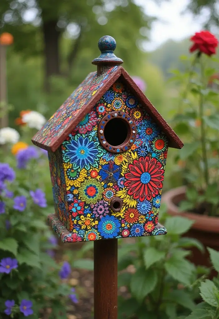 30 Bird House Painting Ideas for a Whimsical Garden - 22. Nature’s Kaleidoscope