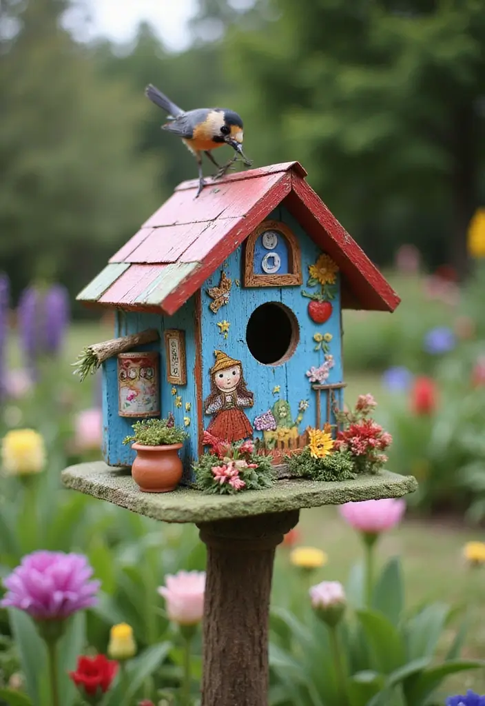 30 Bird House Painting Ideas for a Whimsical Garden - 23. Storybook Scene