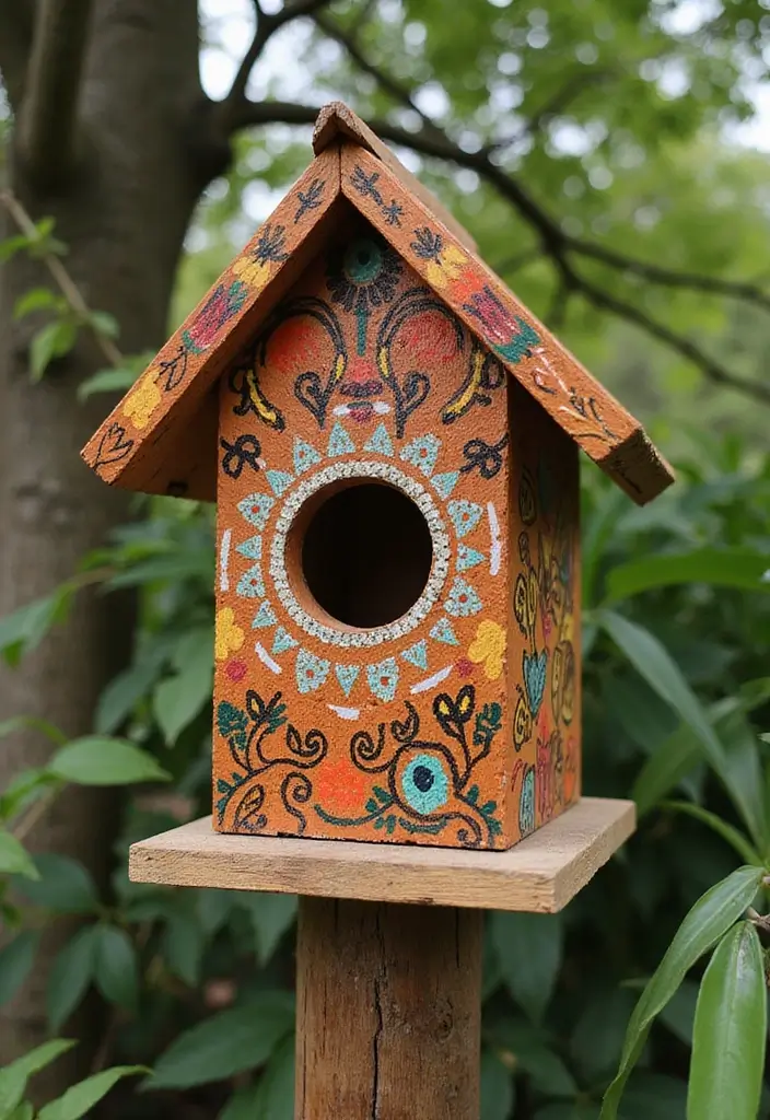 30 Bird House Painting Ideas for a Whimsical Garden - 24. Tribal Patterns