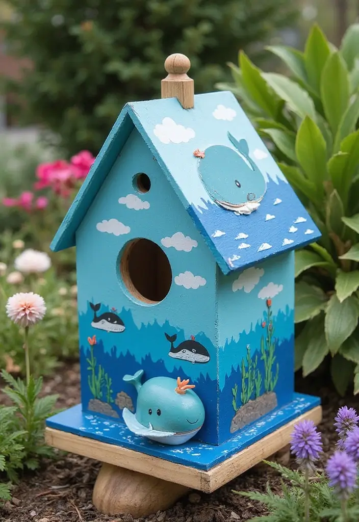 30 Bird House Painting Ideas for a Whimsical Garden - 25. Whimsical Whales
