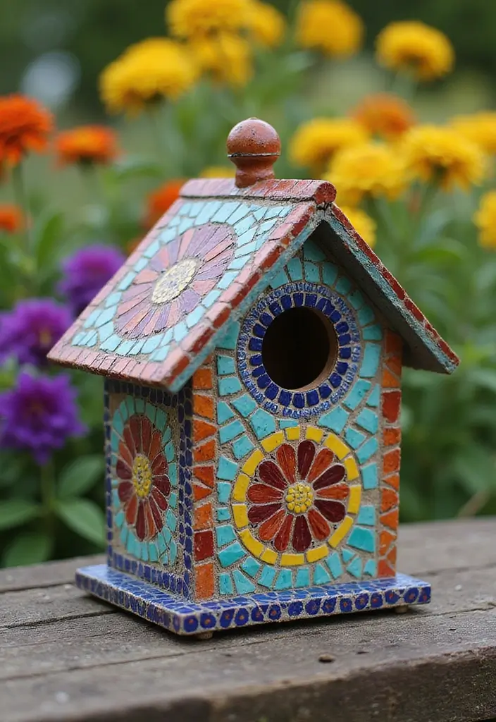 30 Bird House Painting Ideas for a Whimsical Garden - 29. Artistic Mosaic