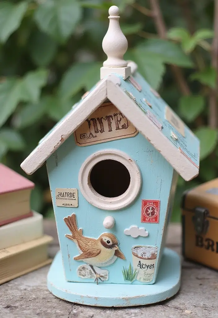 30 Bird House Painting Ideas for a Whimsical Garden - 30. Vintage Postcard