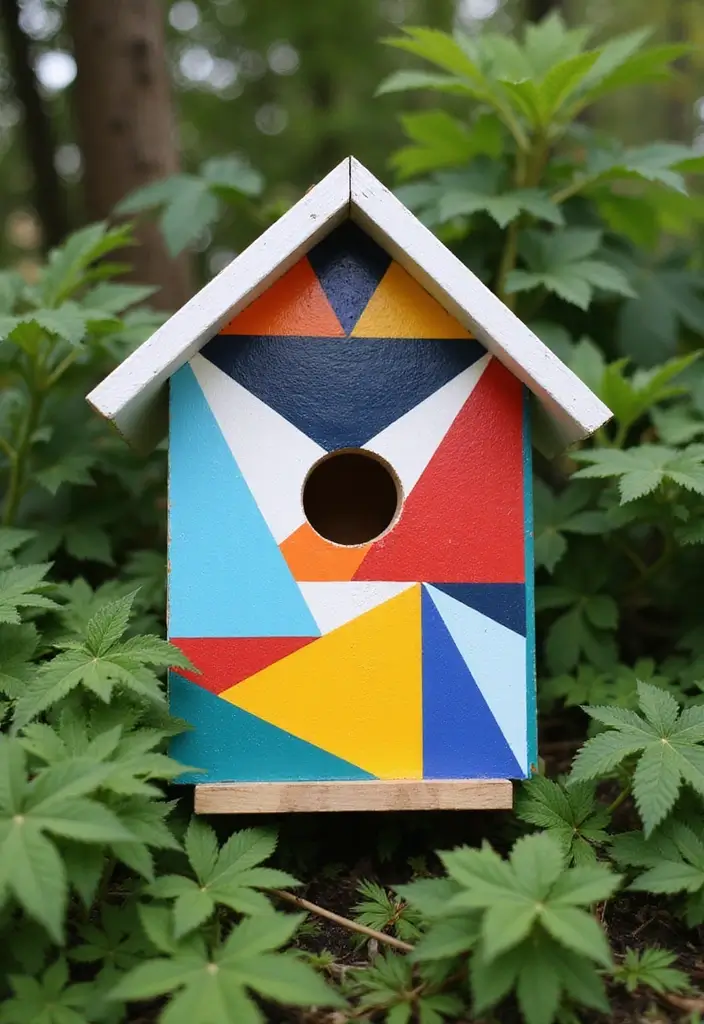 30 Bird House Painting Ideas for a Whimsical Garden - 6. Geometric Glam