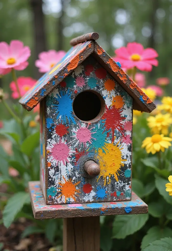 30 Bird House Painting Ideas for a Whimsical Garden - 9. Artsy Abstract