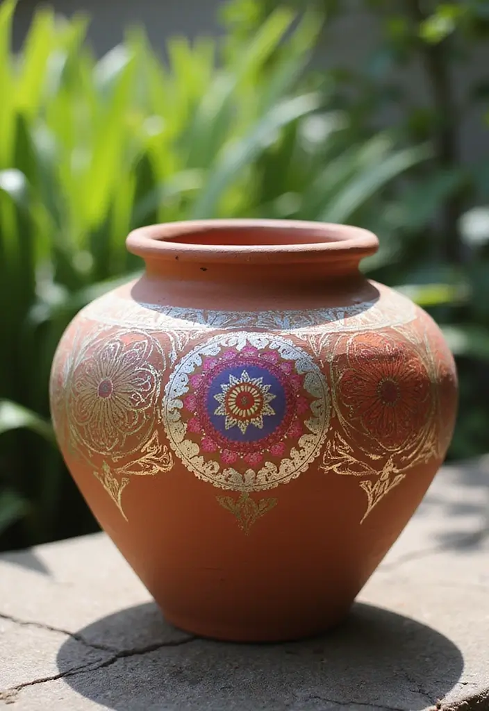 30 Clay Flower Pot Painting Ideas for Creative Decor - 13. Layered Stencils