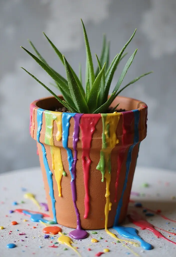 30 Clay Flower Pot Painting Ideas for Creative Decor - 14. Drip Painting Fun