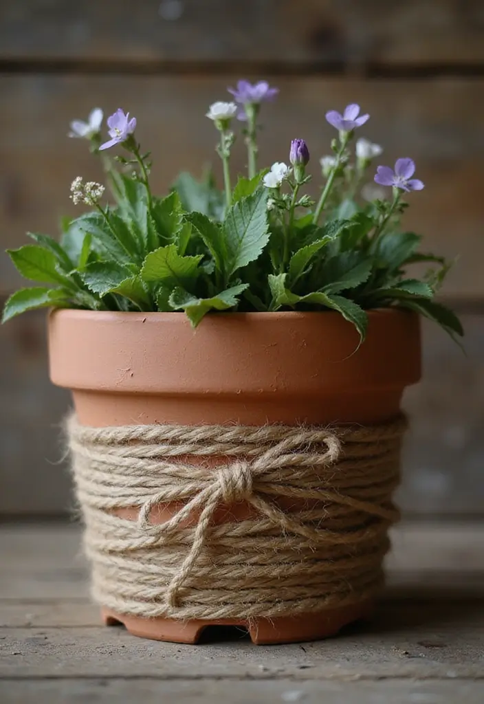 30 Clay Flower Pot Painting Ideas for Creative Decor - 24. Tie-Back Twine Designs
