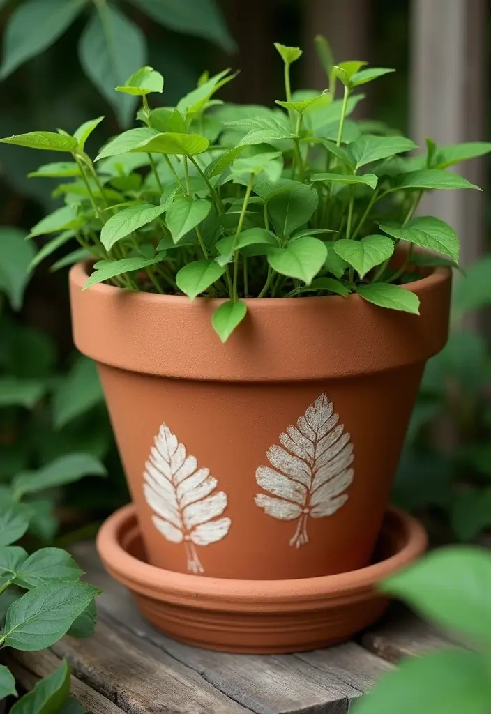 30 Clay Flower Pot Painting Ideas for Creative Decor - 27. Natural Leaves Imprint