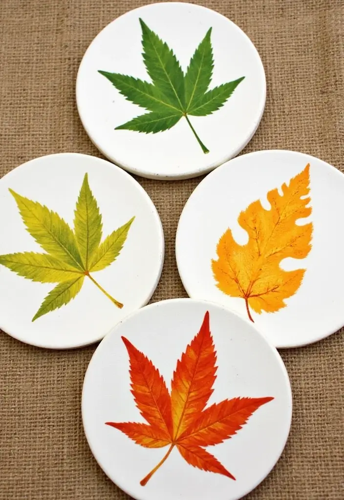 30 Coaster Painting Ideas for Unique Table Decor - 1. Leaf Imprint Coasters