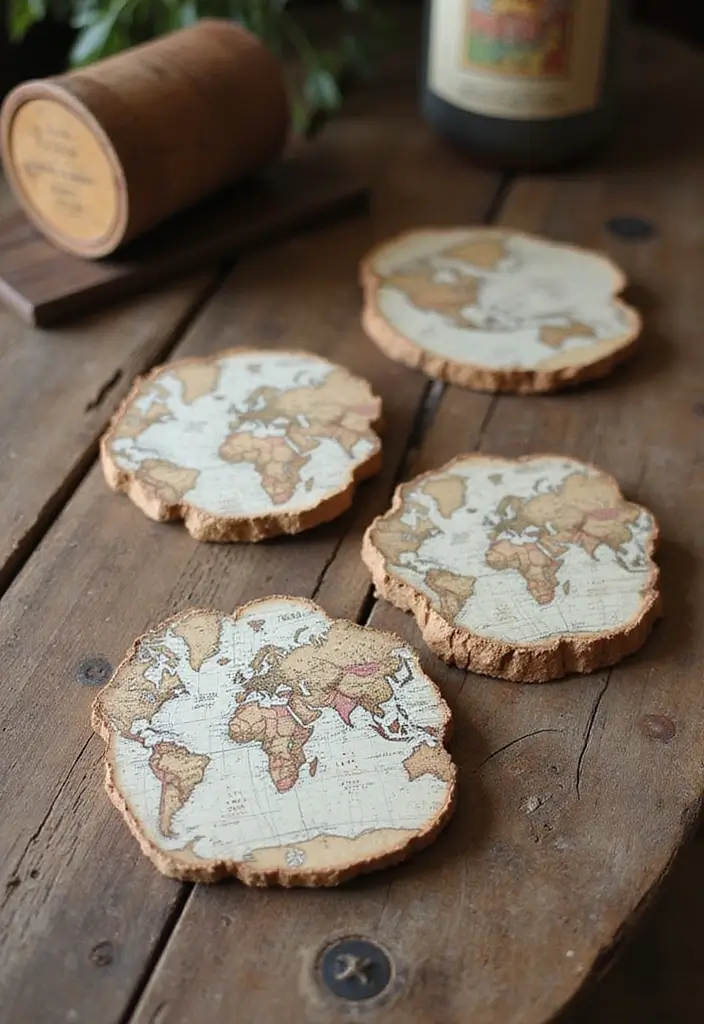 30 Coaster Painting Ideas for Unique Table Decor - 11. Vintage Map Coasters