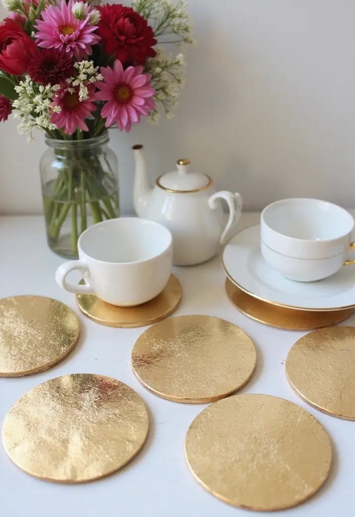 30 Coaster Painting Ideas for Unique Table Decor - 13. Metallic Gold Leaf Coasters