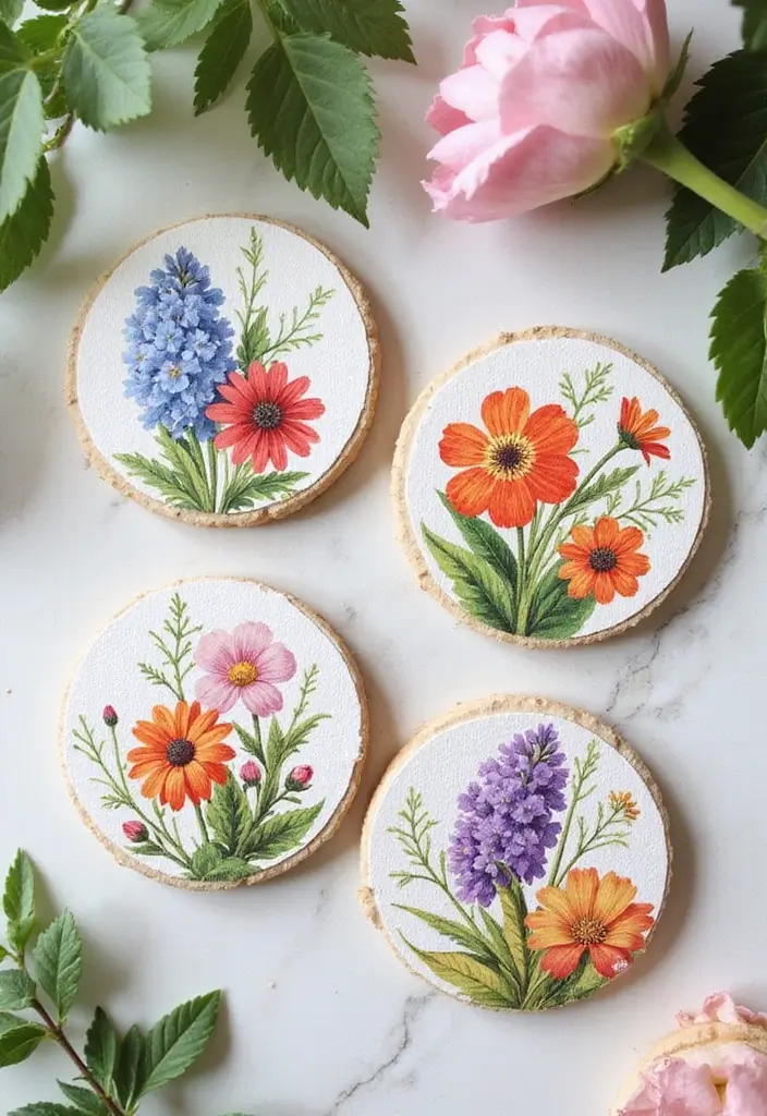 30 Coaster Painting Ideas for Unique Table Decor - 27. Floral Decoupage Coasters