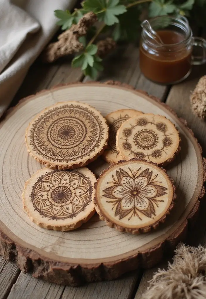 30 Coaster Painting Ideas for Unique Table Decor - 30. Wooden Burned Design Coasters
