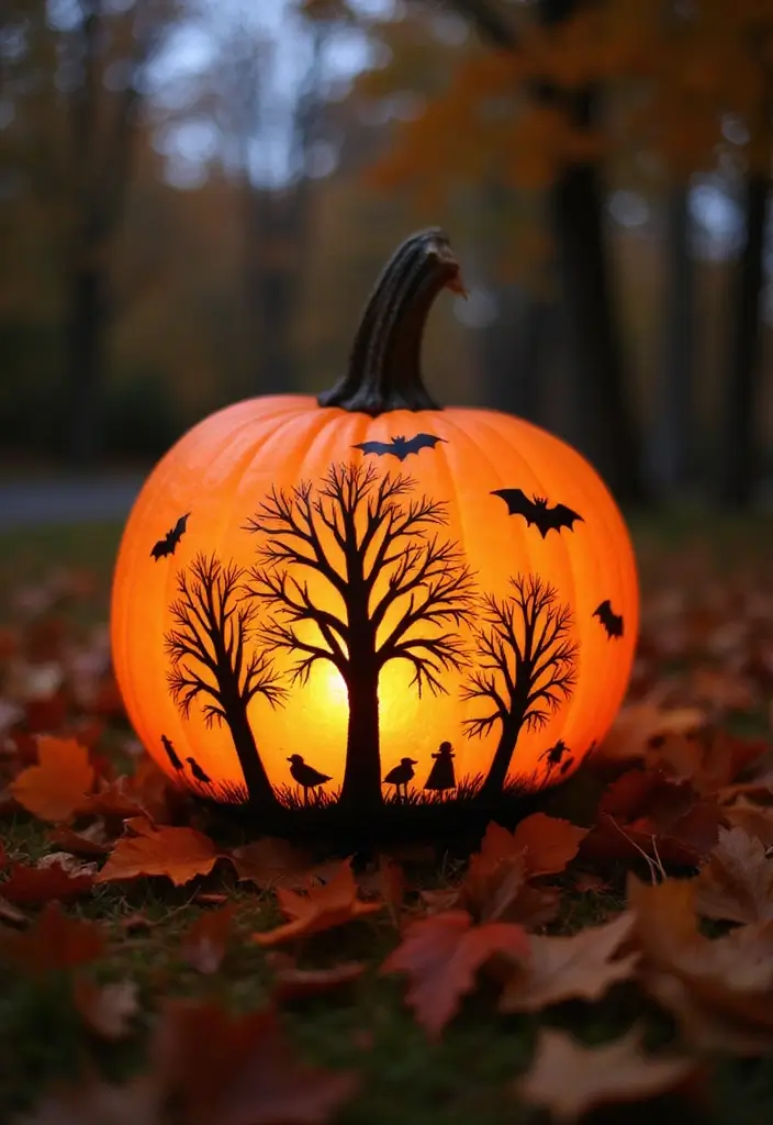 30 Creative Pumpkin Painting Ideas for Every Style - 11. Nature Silhouettes