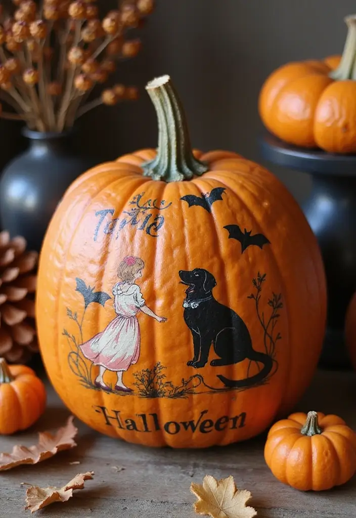 30 Creative Pumpkin Painting Ideas for Every Style - 15. Vintage Postcard