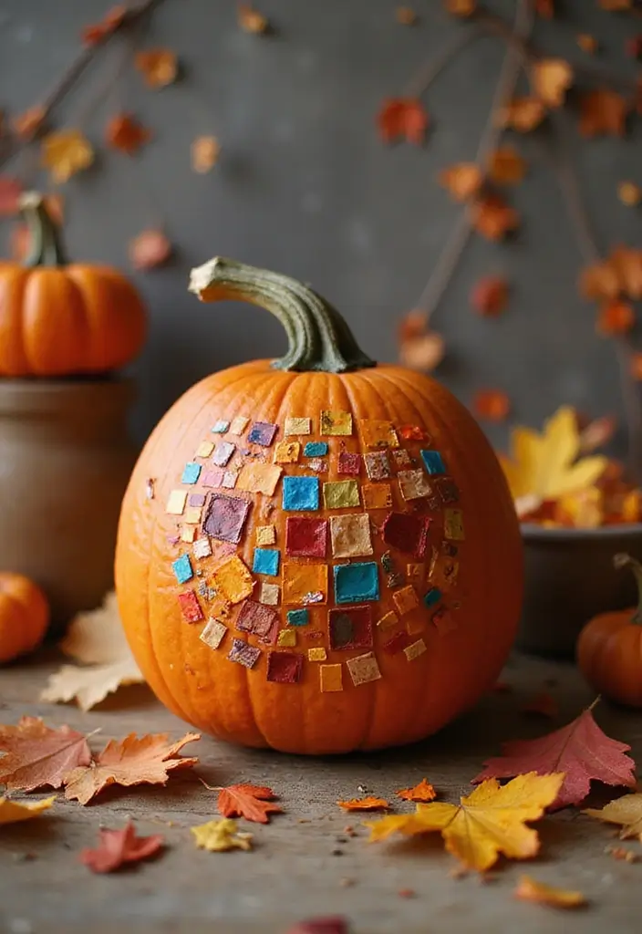 30 Creative Pumpkin Painting Ideas for Every Style - 21. Mosaic Magic