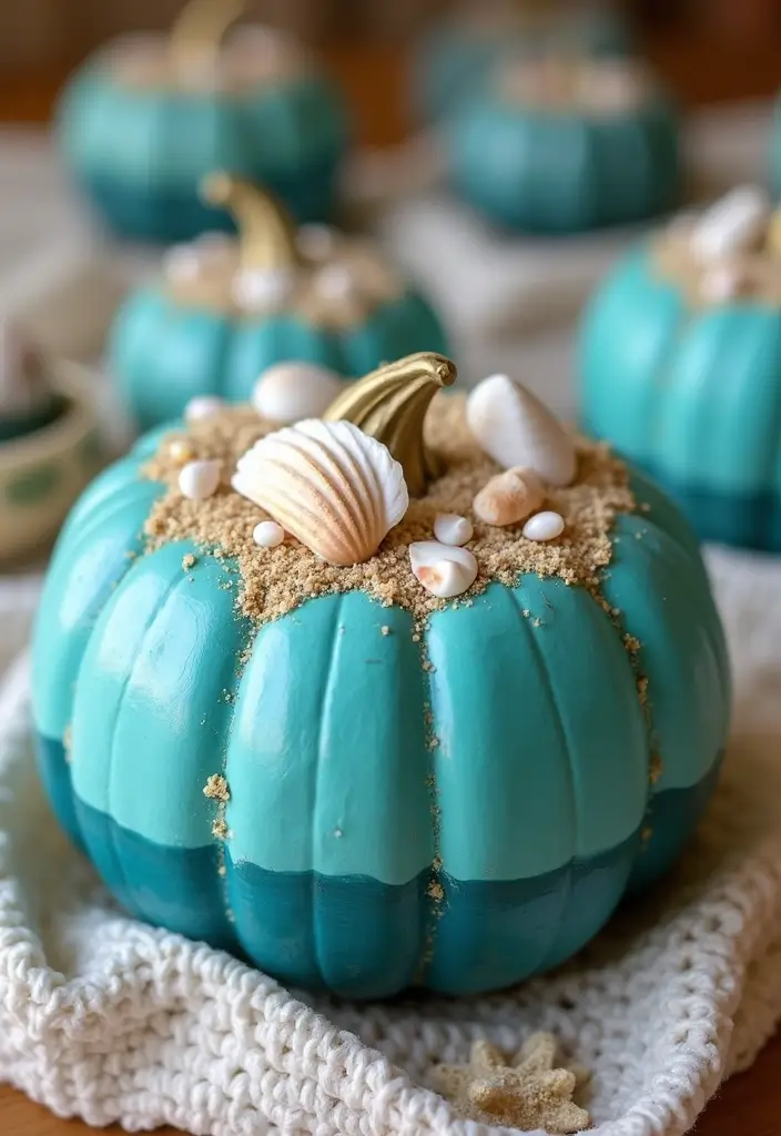 30 Fall Pumpkin Painting Ideas for Cozy Autumn Vibes - 7. Ocean-Inspired Seashell Pumpkins