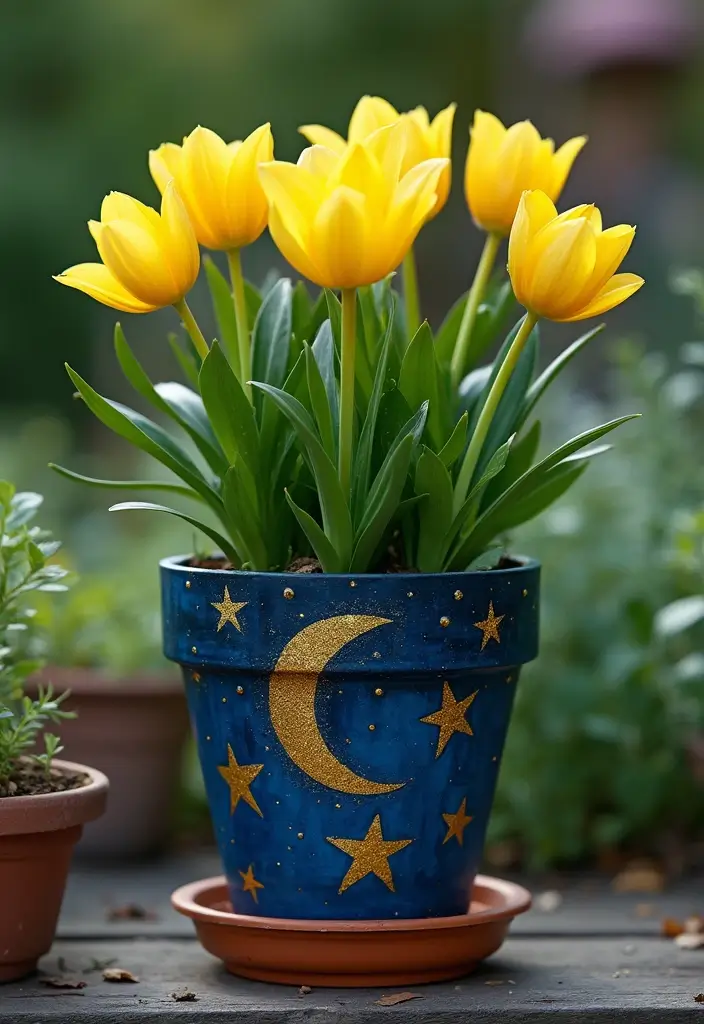 30 Flower Pot Painting Ideas to Add Color to Your Garden 98 30 Flower Pot Painting Ideas to Add Color to Your Garden - 22. Celestial Themes