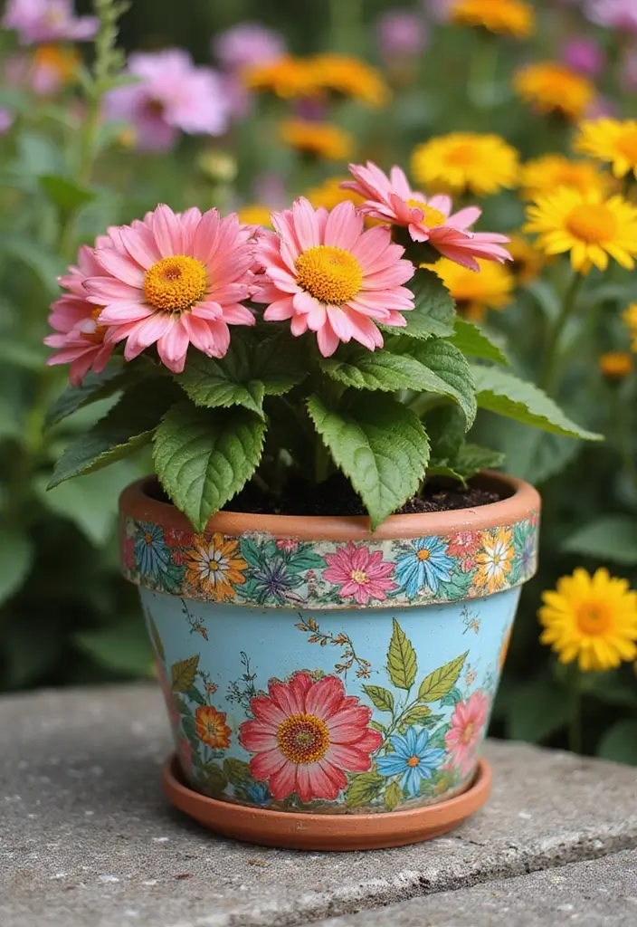 30 Flower Pot Painting Ideas to Add Color to Your Garden 129 30 Flower Pot Painting Ideas to Add Color to Your Garden - 27. Fabric Decoupage