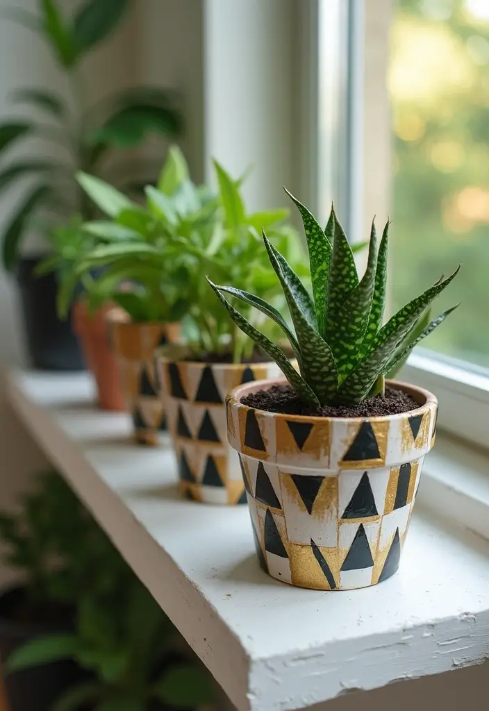 30 Flower Pot Painting Ideas to Add Color to Your Garden 7 30 Flower Pot Painting Ideas to Add Color to Your Garden - 3. Geometric Patterns