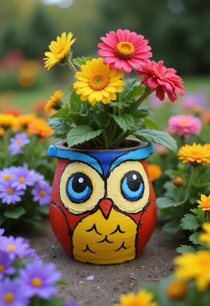30 Flower Pot Painting Ideas to Add Color to Your Garden 12 30 Flower Pot Painting Ideas to Add Color to Your Garden - 4. Whimsical Animal Faces