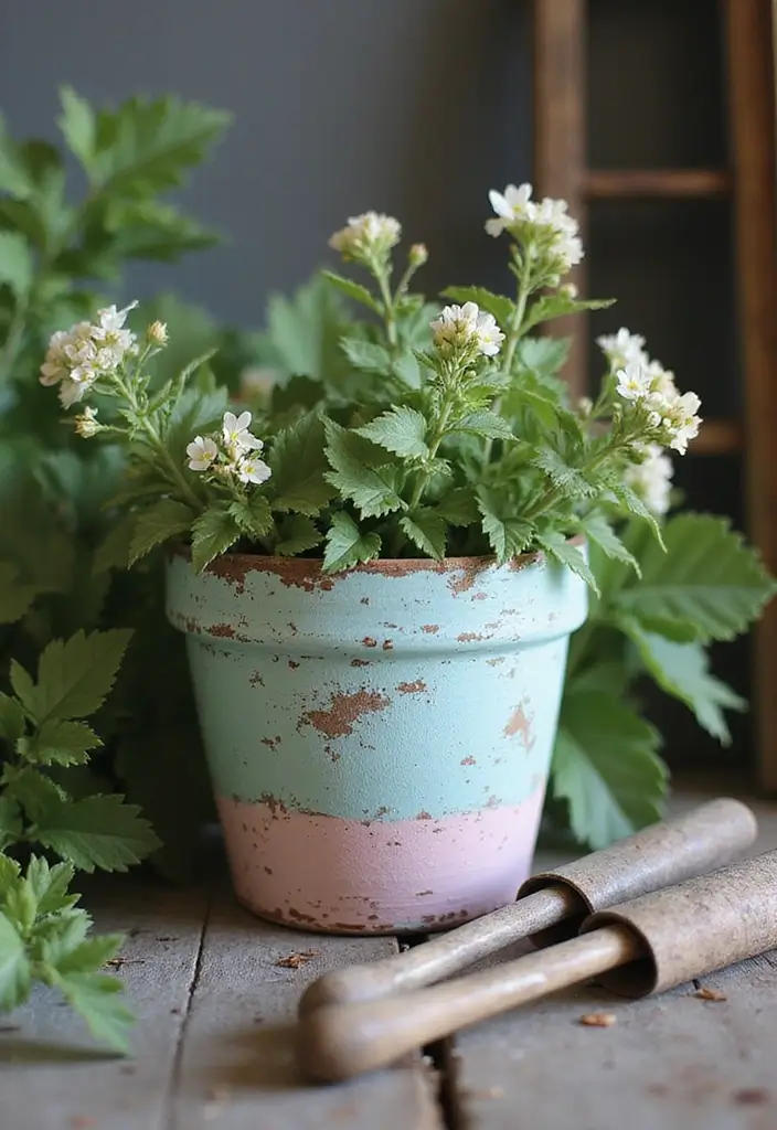 30 Flower Pot Painting Ideas to Add Color to Your Garden 32 30 Flower Pot Painting Ideas to Add Color to Your Garden - 8. Rustic Vintage Look